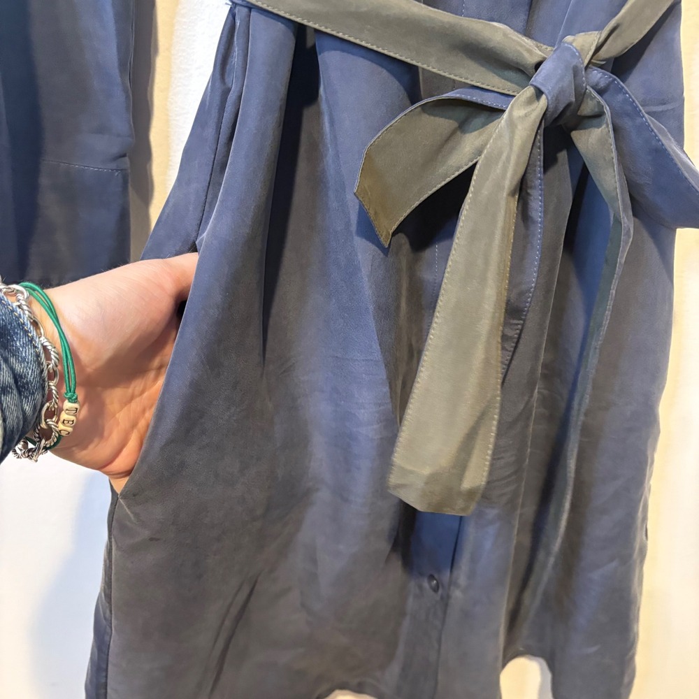 Emporio Armani 100% Silk Womens Shirt Dress Sz 36 Blue Green Button Front Belted - Picture 8 of 11